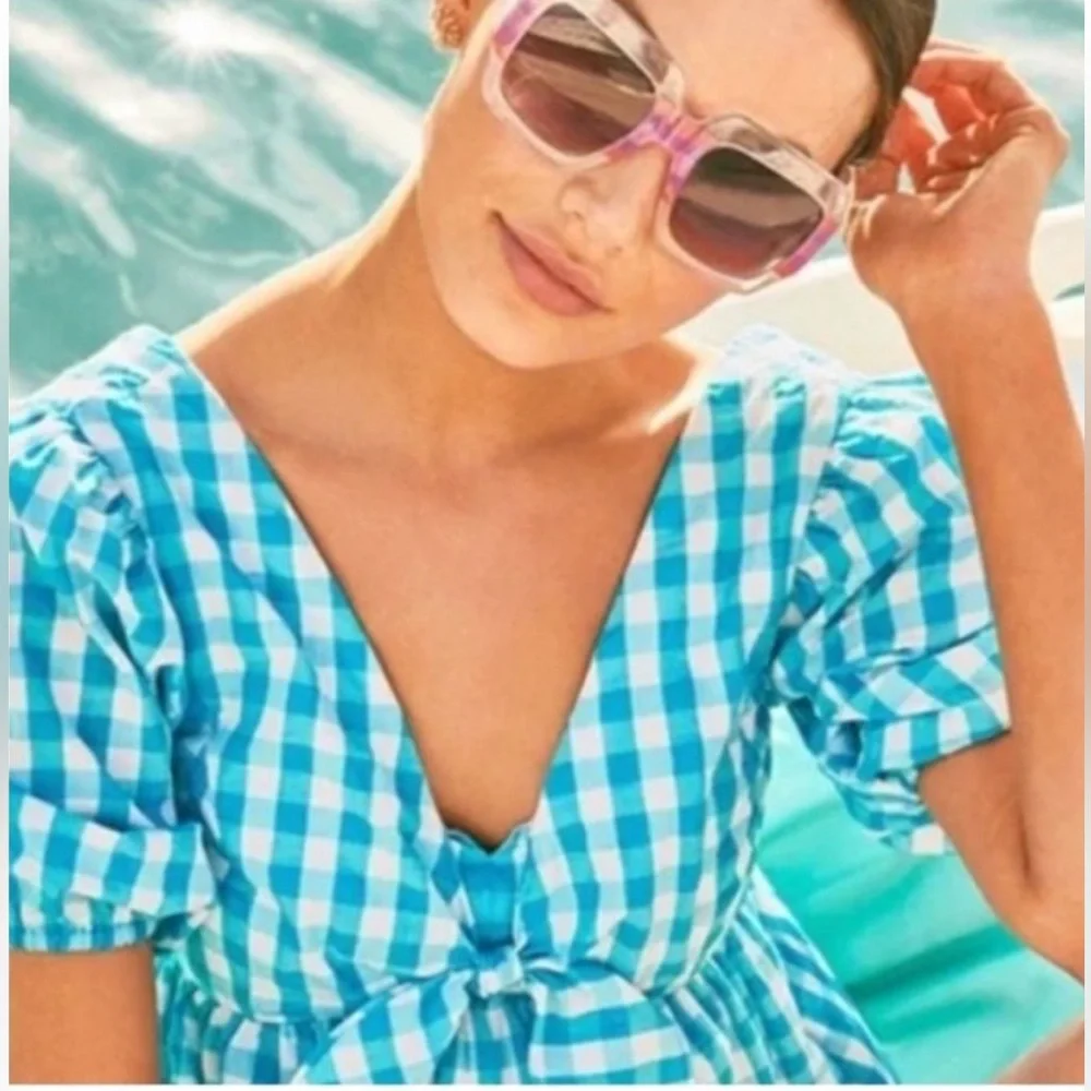 LILLY PULITZER SARAFINA BLUE GINGHAM CHECK BABYDOLL SHORT PUFF SLEEVE SMOCK TOP